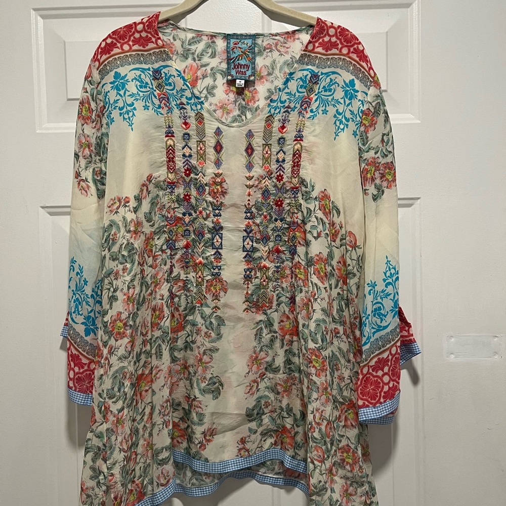 Johnny Was Red and Blue Floral Embroidered Blouse